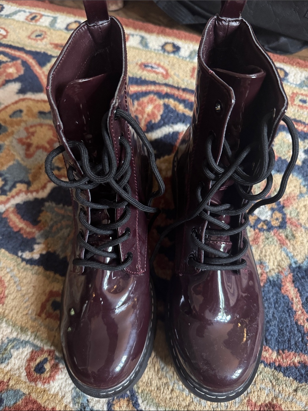 NWOT H and M Women's Lace-Up Patent Combat Boots - Burgundy